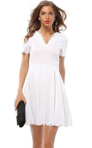 F2497-2  Scalloped Trim Short Sleeve A Line Dress